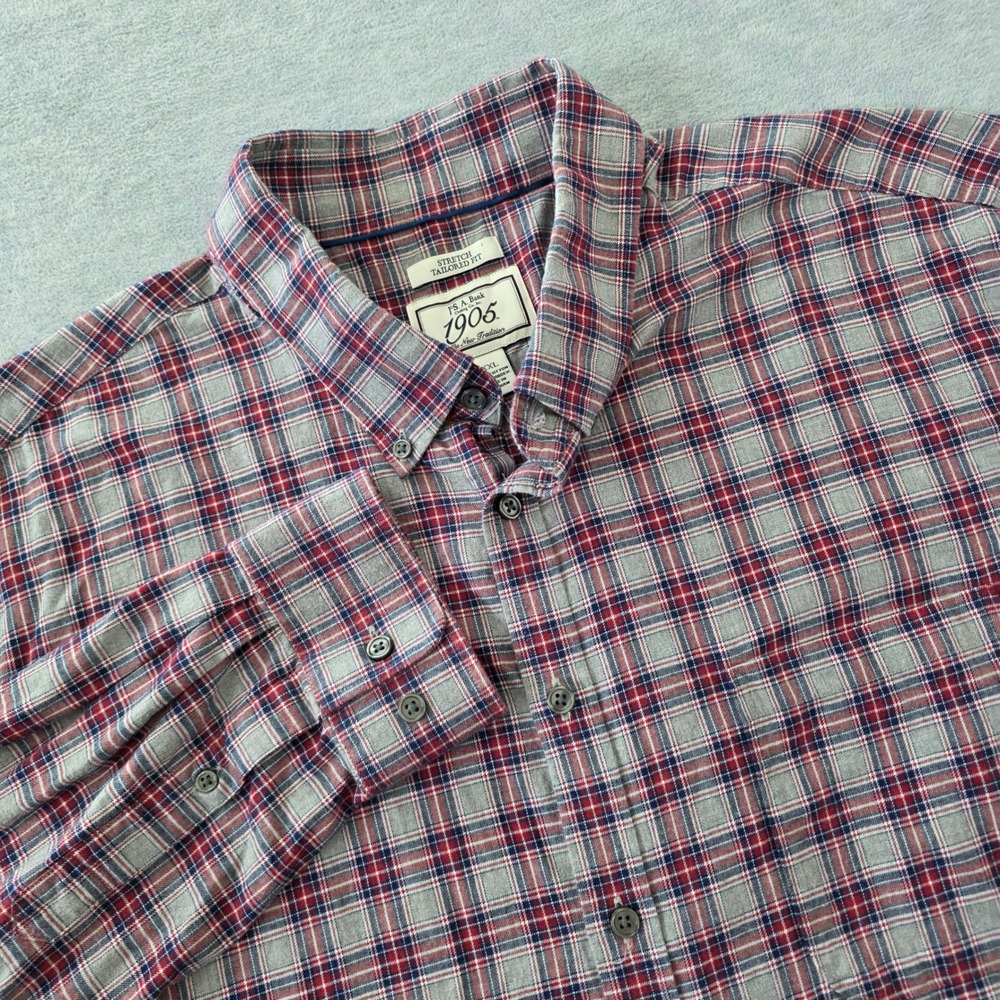 Jos A Bank 1905 Mens XXL Stretch Tailored Fit Plaid Button Down Shirt Red Blue